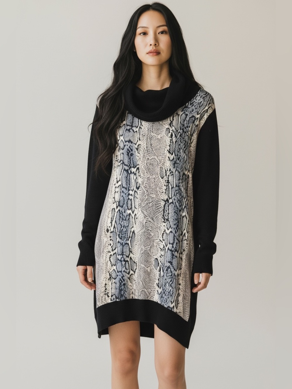 Vivienne Tam Snake Print Black Knit Mock Neck Sweater Dress Size Small NWT